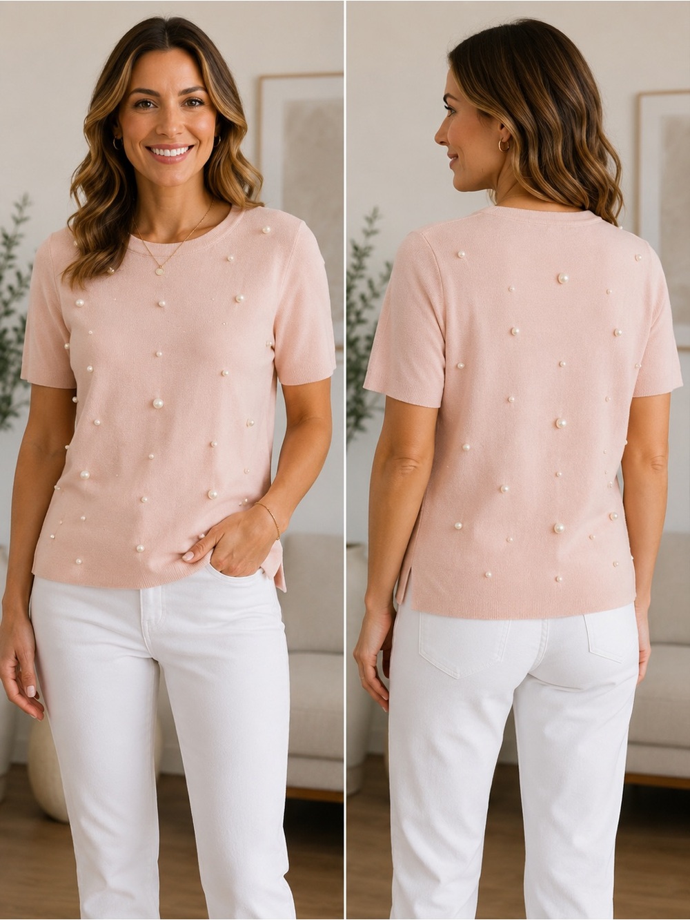 Zara Knit Pink Pearl Embellished Short Sleeve Sweater Top Size M